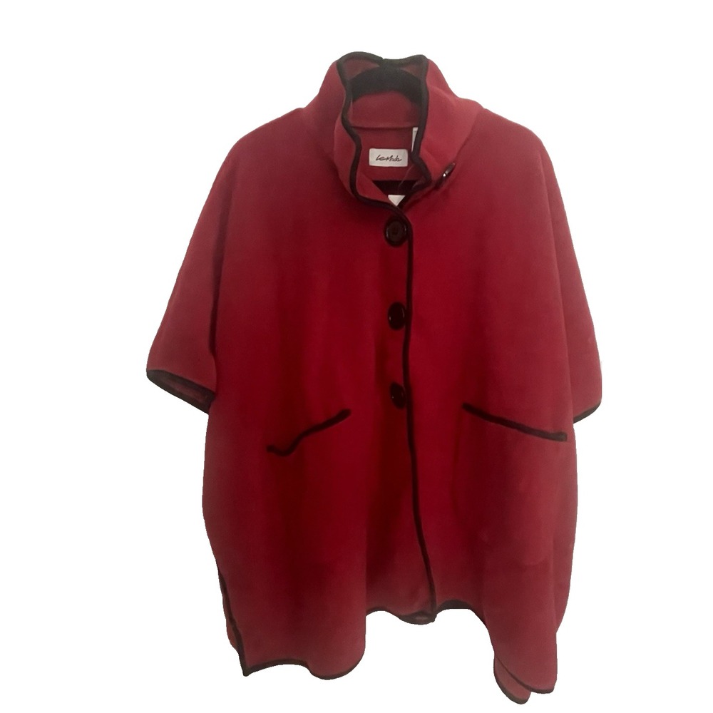 Le Moda Women's OS Cape Poncho Cardigan Red Black Buttons Trim NWT Soft Fleece